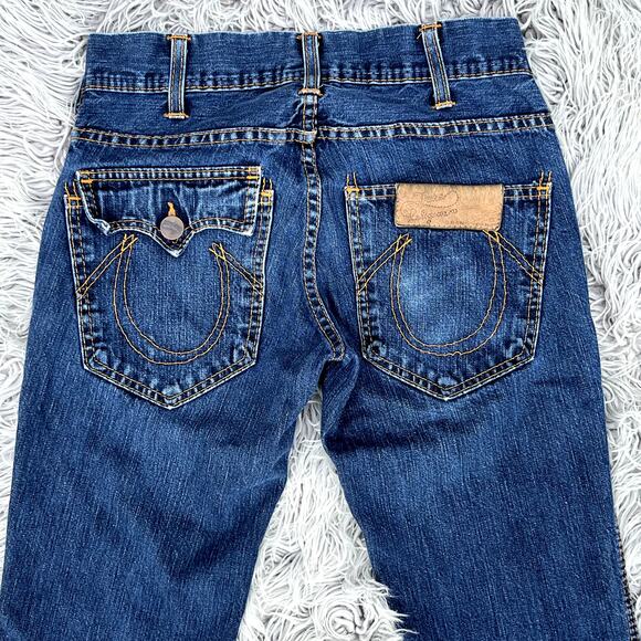 VTG Y2K True Religion Button Fly Flared Low Rise Denim Jeans Leather Patch 27 - Picture 3 of 14